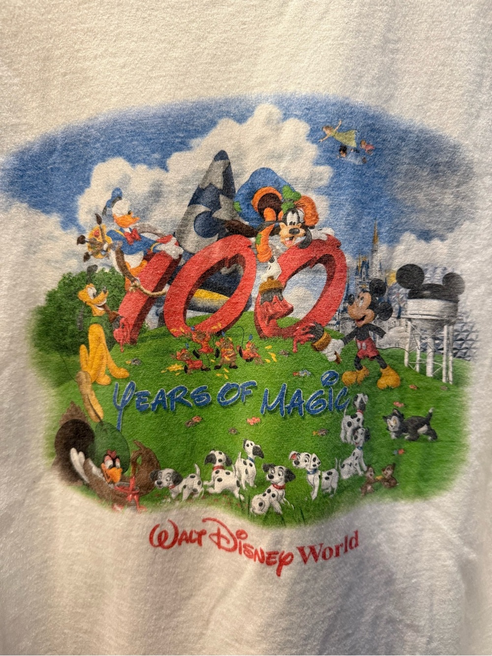 Vintage Disney White Tee Mickey Gold Castle Logo 100 Years of Magic Size M